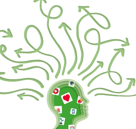 Die Grafik zeigt eine Silhouette eines Kopfes in grün, in welchem verschiedene Bilder wie ein Herz, ein Alarm oder ein Smartphone zu sehen sind. Von dem Kopf weg gehen viele grüne Pfeile die wild um den Kopf herum schwirren.